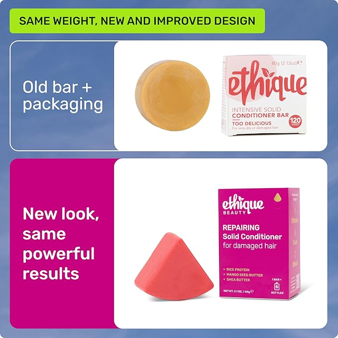 Ethique Repairing Conditioner Bar for dry, damaged hair with Rice Protein - Plastic Free, Vegan, Cruelty-Free, 2.12 oz - Formerly Too Delicious