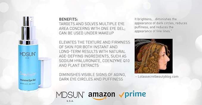 MDSUN Intensive Eye Gel, Alcohol Free, Support Natural Collagen, Keep Skin Moisturized, Radiant & Reduce Lines, Wrinkles, Puffiness, Dark Circles, 15mL