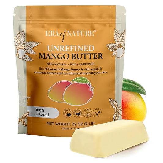 era of nature Organic Unrefined Raw Mango Body Butter Block 32oz - Moisturizing Mango Seed Raw Butter Bar for Skin & Hair, DIY Lip Balm Base, Cream, Soap & Lotion Making Supplies, Personal Skincare