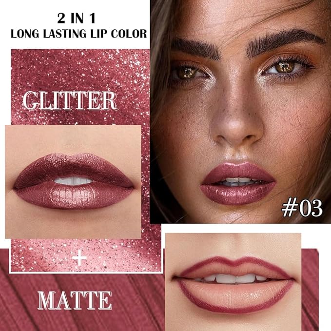 evpct Dark Wine Red Metallic Glitter Lip Liner and Lipstick Combo Lip Gloss Stain Set Makeup for Women Long Lasting Waterproof 24, Mauve Plum Frosted Metallic Shimmer Glossy iridescent Liquid Lipstick