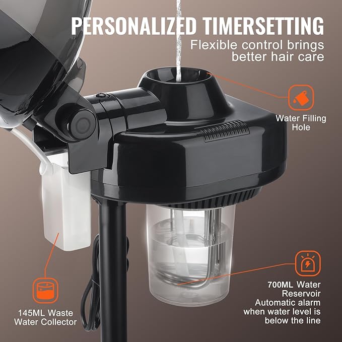 VEVOR Professional Hair Steamer for Deep Conditioning, 11.81-inch Hooded Ionic Hair Steamer with 2 Modes, Height-Adjustable Standing Hair Steamer with Timer, 5 Wheels (2 Lockable) for Salon Home Spa