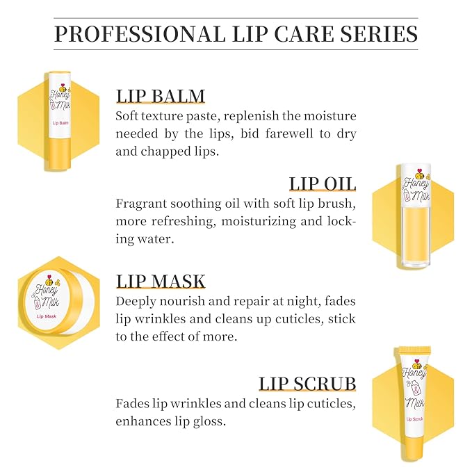 4 Piece Honey Milk Lip Mask Lip Balm Lip Scrub Lip Oil Lip Care Kit, Moisturizing & Nourishing Dry and Cracked Lips, Overnight Sleeping Lip Exfoliator Lip Moisturizer Lip Repair