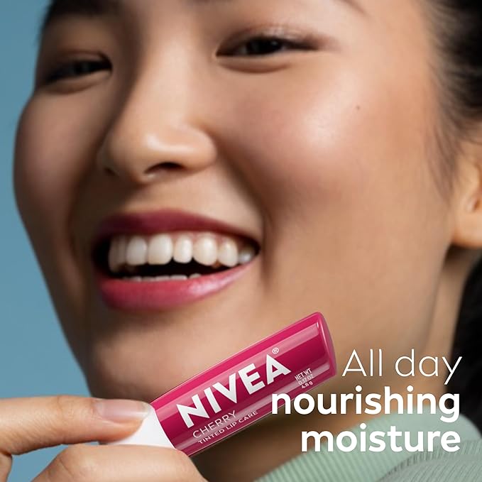 NIVEA Lip Care, Fruity Tinted Lip Balm Variety Pack, Includes Cherry, Strawberry, Blackberry and Watermelon Scents, 0.17 Oz, Pack of 4