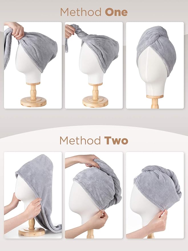 Hicober Microfiber Hair Towel, 3 Packs Hair Turbans for Wet Hair, Drying Hair Wrap Towels for Curly Hair Women Anti Frizz (Blue,Grey,Pink)