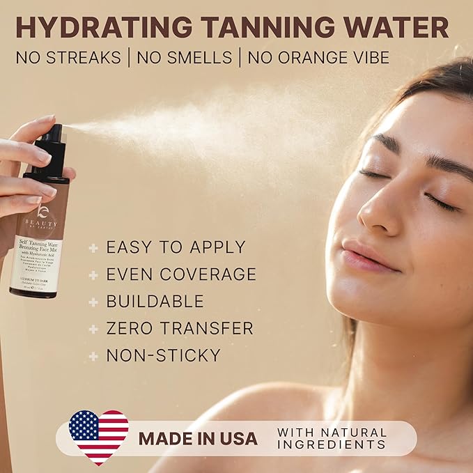 Bronzing Face Tanner Spray Mist, Sunless Face Tanning Water, USA Made with Natural & Organic Ingredients