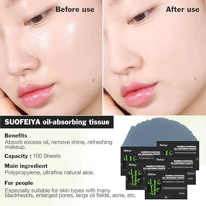 Natural Bamboo Charcoal Oil Absorbing Tissues - 6pk/600 Oil Blotting Sheets For Face, Oil Control Film, Oil Absorbing Sheets, Makeup Friendly