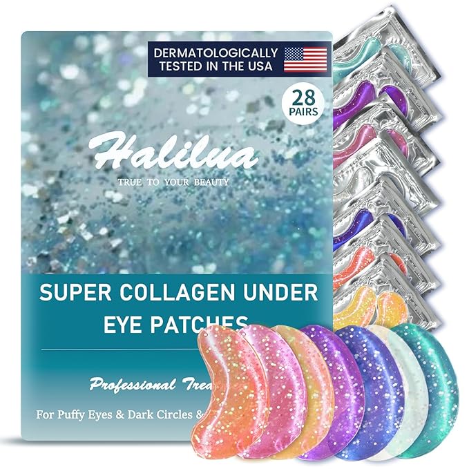 Under Eye Patches (28 Pairs), Eye Mask for Dark Circles, Puffy Eyes, Eye Bags, Wrinkles, 7 Colors Crystal Gel Gold Eye Mask Patches, Eye & Lip Treatment Skin Care Products