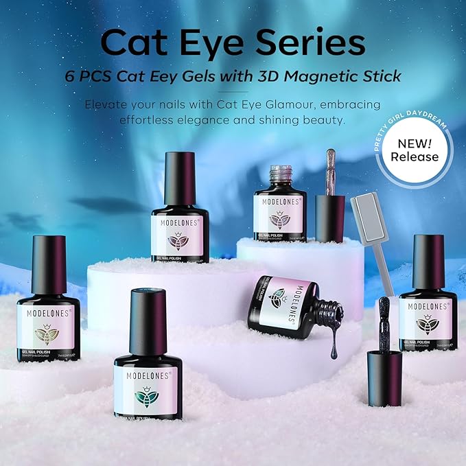 modelones Cat Eye Gel Nail Polish Set, 6 Colors Holographic 9D Glassy Cat Eye Glitter Gel Polish Set Black Blue Purple Green Nail Polish Kit with Magnet Soak Off LED Nail Art DIY Salon Gift
