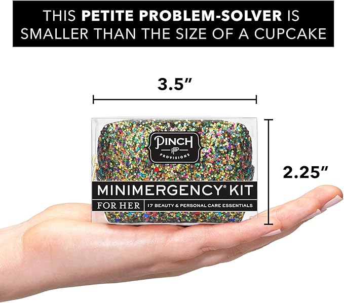 Pinch Provisions Olive Glitter Minimergency Kit, includes 17 Travel-Sized Cosmetic Essentials, Convenient for Purses, Emergency Beauty Accessories, Gifts for Holiday’s & Birthday’s