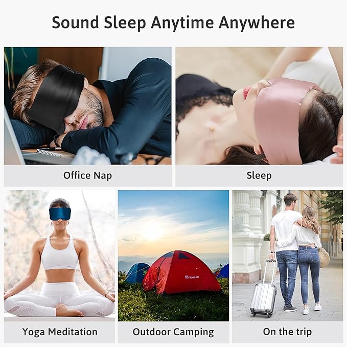 Silk Sleep Mask for Women Men, Mulberry Silk Eye Sleeping Mask & Blindfold with Adjustable Velcro Strap, Blackout Eye Cover for Sleep Travel Yoga Nap, Large Size, Black