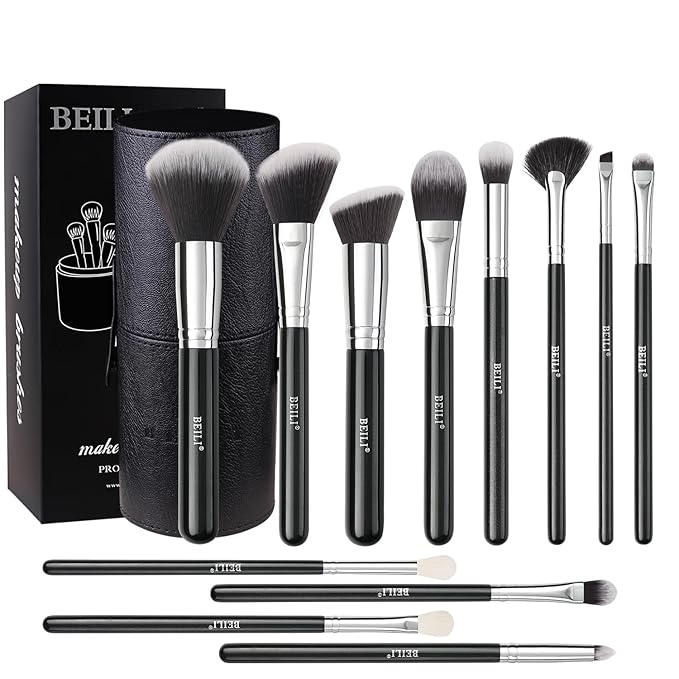 BEILI Makeup Brushes 12pcs Makeup Brushes Set with Holder Premium Synthetic Kabuki Foundation Brush Blending Blush Concealer Full Face Makeup Brushes Kit With Gift Box(Black)