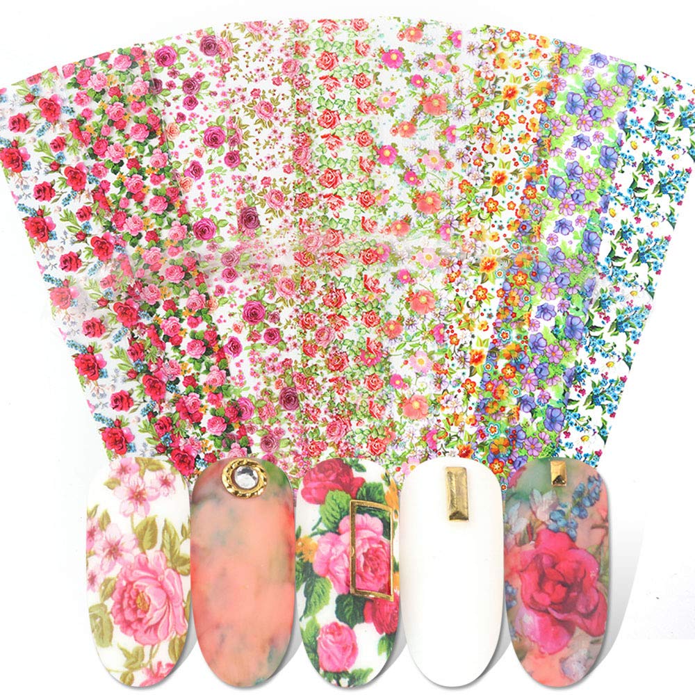 WOKOTO 10 Rolls Nail Art Foil Transfer Stickers Tips Flower Design Nail Wraps Decals Set Starry Sky Manicure Accessories (1.57inches×39.4inches)