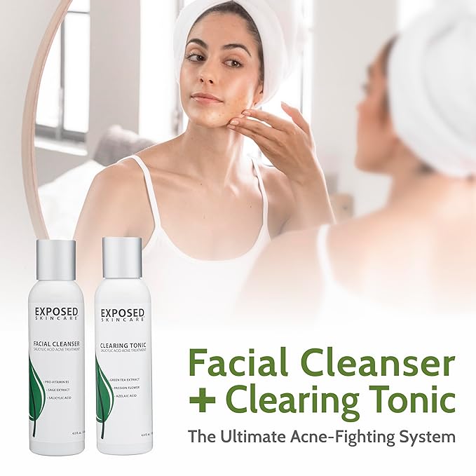 Exposed Skin Care Expanded Acne Treatment Kit - Includes Salicylic Acid Face Wash, Clearing Tonic, Treatment Serum with Benzoyl Peroxide, Clear Pore Serum, Moisture Complex - Made for All Skin Types