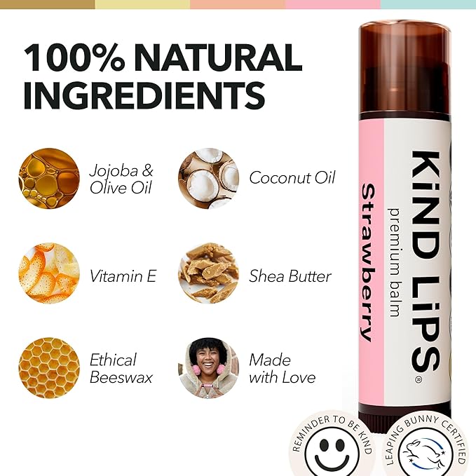 Kind Lips Lip Balm - Nourishing & Moisturizing Lip Care for Dry Lips with Shea Butter, Beeswax & Vitamin E | Strawberry Flavor | 0.15 Oz (Pack of 3)