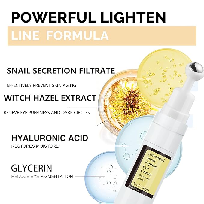 Snail Peptide Advanced Under Eye Cream for Dark Circles, with 360° Massage Ball Reduces Wrinkles &Fine Lines, Eye Essence Roll-On, Firms, Moisturizes, and Tightens Puffy Eyes for Men&Women