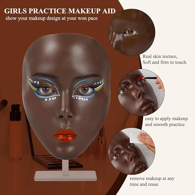 5D Makeup Practice Face Board, Makeup Practice Accessories Set with Face Painting Mannequin Head, Makeup Brushes, Face Painting and 2-in-1 Dual-Ended Eyebrow Pen, Makeup Practice Gift, Dark Brown