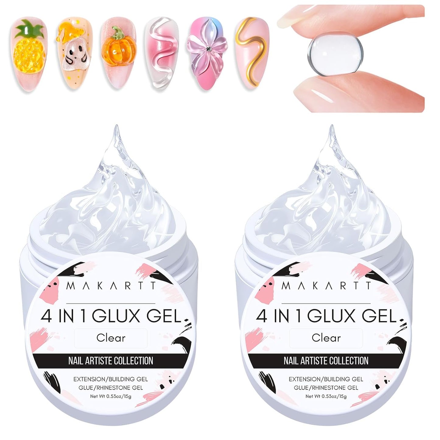 Makartt 3D Gel Nail Art: 4 in 1 Clear Solid Gel Builder for Extension UV Nail Glue for Acrylic Nails Rhinestones 3d Sculpting Gels Hard Gels for Nails UV/LED Nails Lamp Required 15ML 2 Bottles