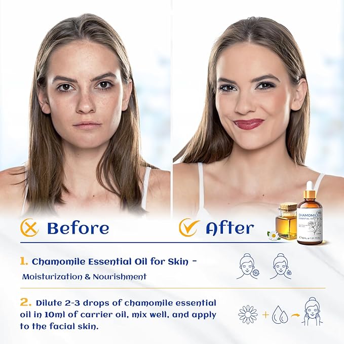 HIQILI 30ML Chamomile Essential Oil, Pure & Natural Chamomile Oil for Diffueser, Skin, Soap, Shampoo - 1.01 Fl Oz