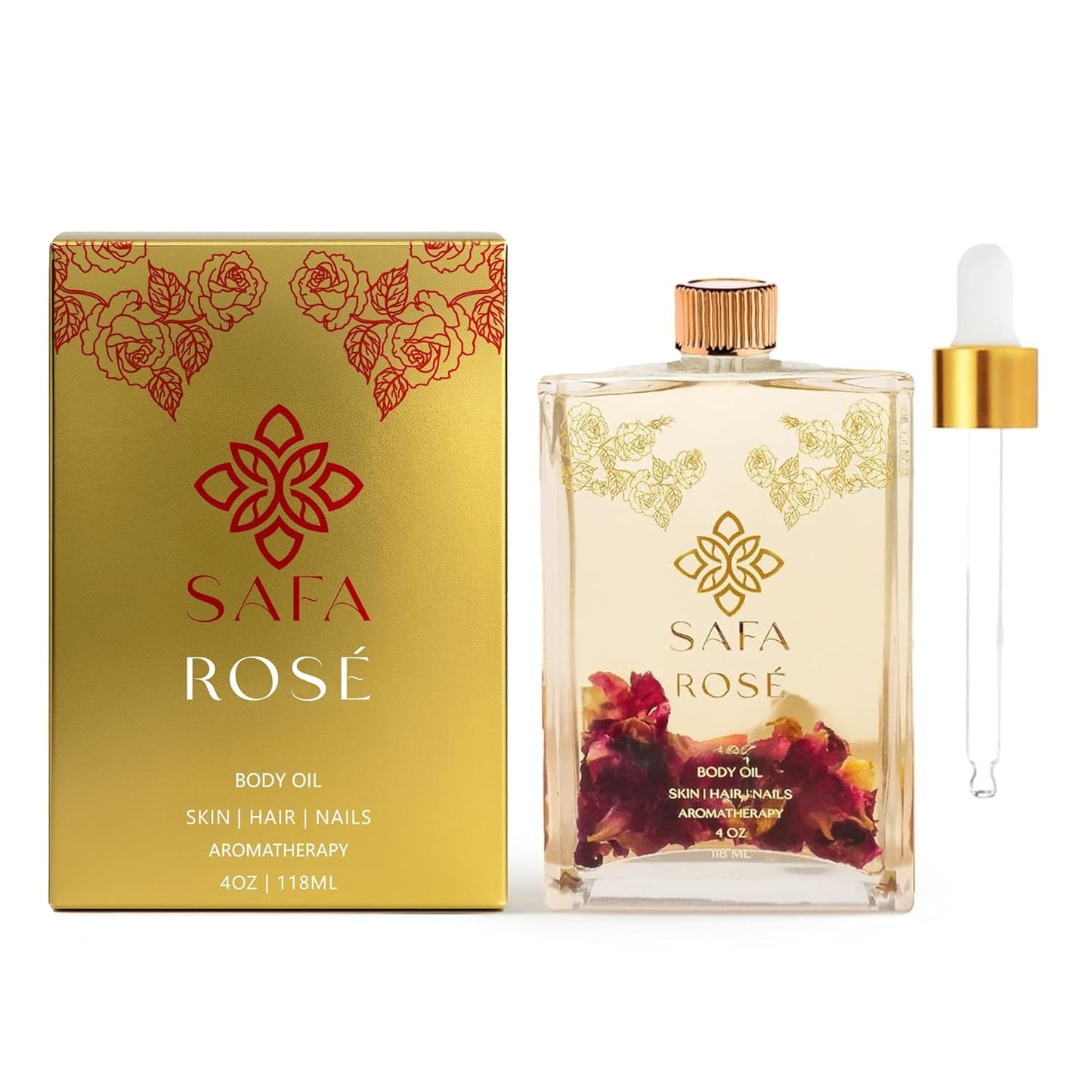 SAFA Rosé Oil - Organic Rose Essential Oil for Face, Body, Hair, Nails & Aromatherapy | After Shower Body Oil | Skin Moisturizer - Natural Scented Perfume for Women - 4 Fl Oz