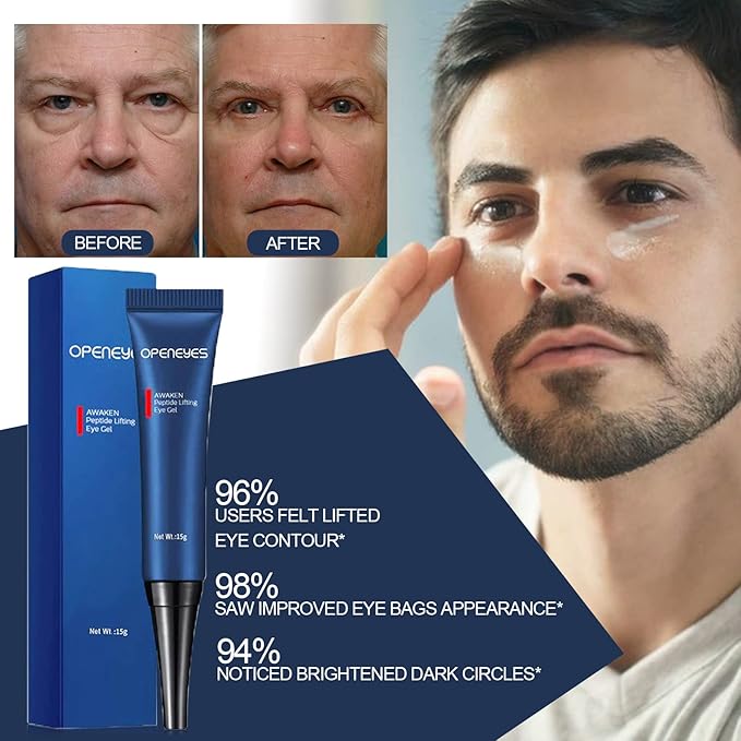 AKARY Awaken Peptide Depuffing Eye Gel, OPENEYES Lifts Firming Eye Tightener, Men's Moisturizing Eye Cream Hydrating Eye Gel Smooths Under Eyes for Dark Circles, Puffiness, Fine Lines, and Bags