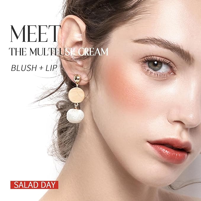 Blush Stick, Cream Blush for Cheeks and Lip Tint, Dewy Finish, Buildable & Blendable Color, Lightweight & Long-Lasting Formula | Salad Day-Coral & Angled Blush Brush（0.53fl.oz）