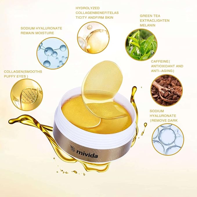 Caffeine & Hyaluronic-Acid Hydra-Gel Eye Pads - Anti Wrinkle Under Eye Patches, 60PCS | Gold Under Eye Patches For Puffy Eyes, Eye Bags and Wrinkles