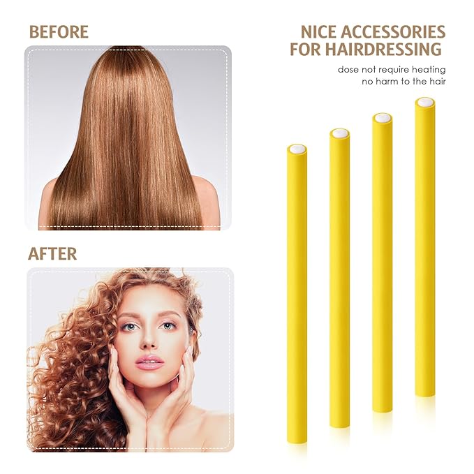 Syhood 30 Pcs 7'' Flexible Curling Rods Twist Foam Hair Rollers Soft Foam No Heat Hair Rods Rollers and 1 Steel Pintail Comb Rat Tail Comb for Women Long Short Hair(Yellow,7 x 0.3 Inch)