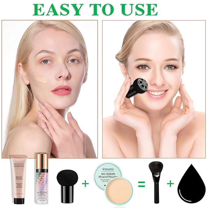 Mushroom Head Air Cushion CC Cream + BB Cream + Tri-color Color Corrector Isolation Cream Foundation Set Moisturizing Full Coverage Foundation Concealer Lasting Foundation Makeup Base Primer（7 Pcs）