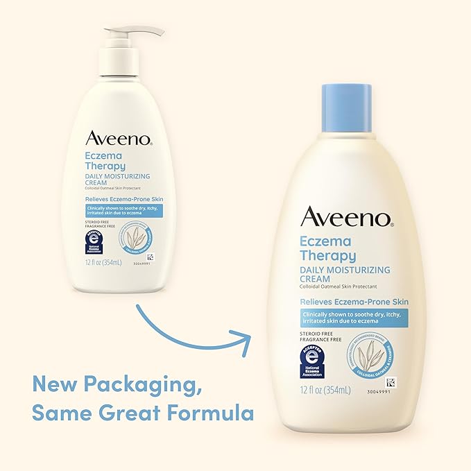 Aveeno Eczema Therapy Daily Moisturizing Body Cream for Sensitive Skin, Soothing Eczema Relief Cream, Colloidal Oatmeal & Ceramide for Dry & Itchy Skin, Steroid- & Fragrance-Free, 12 oz