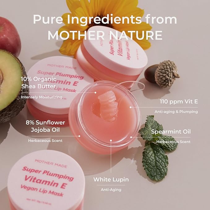 Natural Plumping Vitamin E Lip Mask, 0.46 Oz | Hydrating Lip Moisturizer For Soft, Smooth, Plump Lips, With Organic Shea Butter, Vegan Waxes, Collagen Boosters, Korean Skincare, Lip Gloss