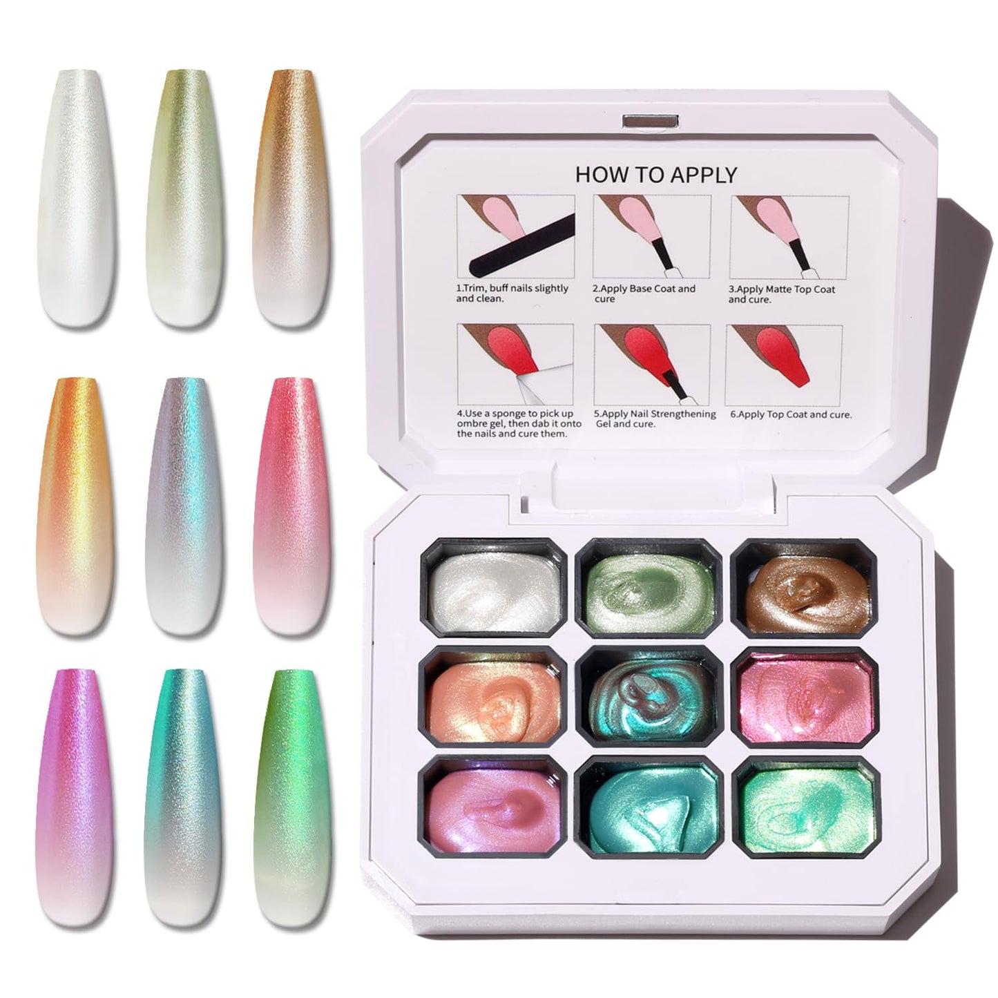 Sponge Pat Paint Nail Gel, Blending Colors Ombre Nails Gradient Gel Nail Blush Blooming Aura Nails Drawing Stripper Floral Painting Nail Art, No Wipe, Aurora Mermaid Chrome Silk Satin (9 Colors L)