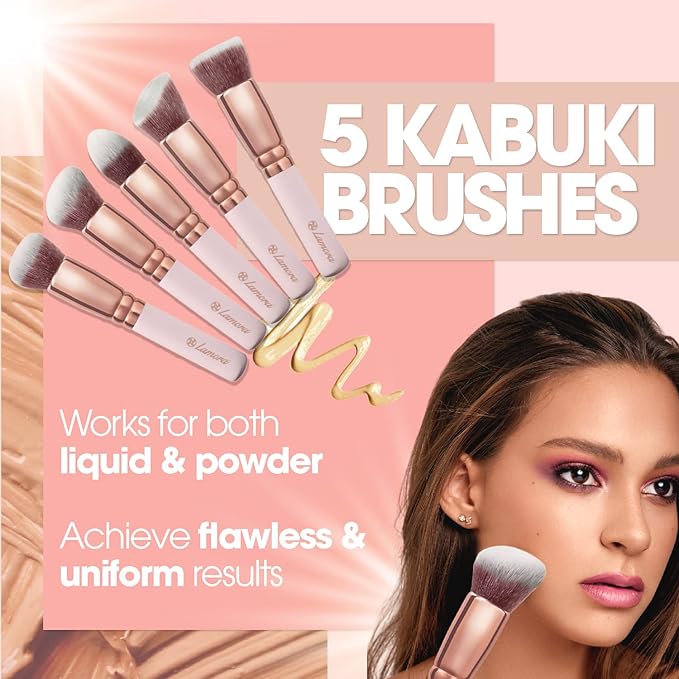 Kabuki Makeup Brush Set - Foundation Powder Blush Concealer Contour Brushes - Perfect for Liquid, Cream or Mineral Products - 10 Pc Collection with Premium Synthetic Bristles for Eye and Face Cosmetic