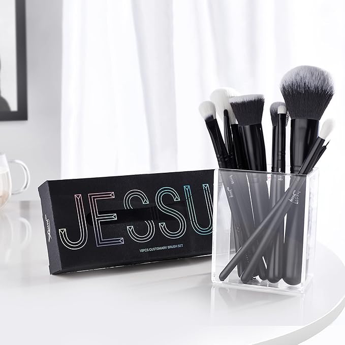 Jessup Makeup Brush Set 10pcs Black Make up Brushes Set Professional with Natural Synthetic Hair for Foundation Blending Blush Concealer Eyeshadow Eyebrow Eyeliner, T323