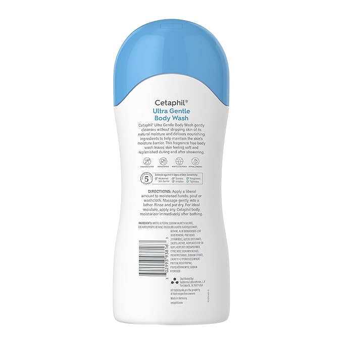 Cetaphil Ultra Gentle Refreshing Body Wash, For Dry To Normal, Sensitive Skin, Aloe Vera, Vitamin B5, Hypoallergenic, Dermatologist Tested, Fragrance Free, 16.9oz Pack of 3