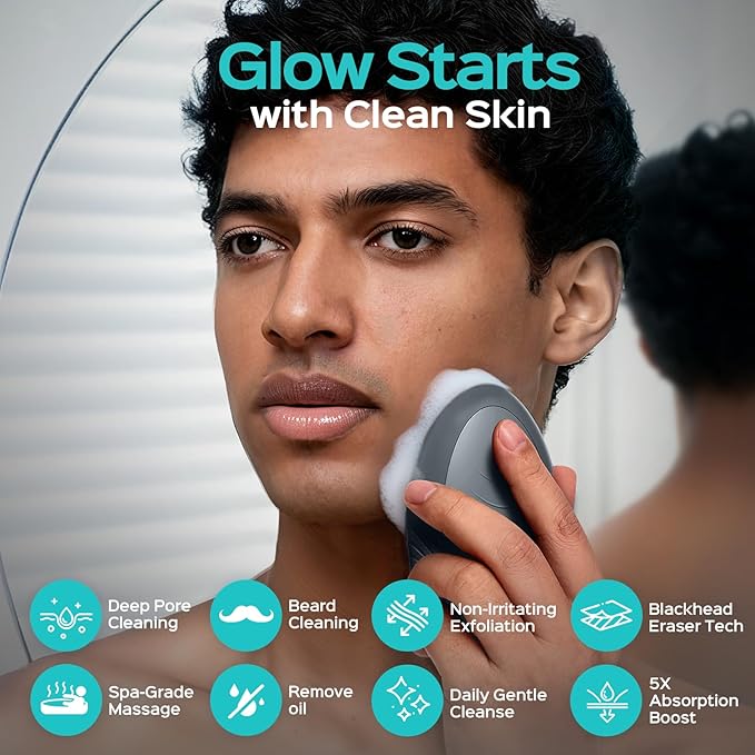 COSLUS Silicone Face Scrubber for Men: 5 Cleansing Modes Facial Cleansing Brush for Beard Care, Sensitive Skin - Deep Cleansing & Gentle Exfoliating, Waterproof Portable for Shower & Travel, Grey