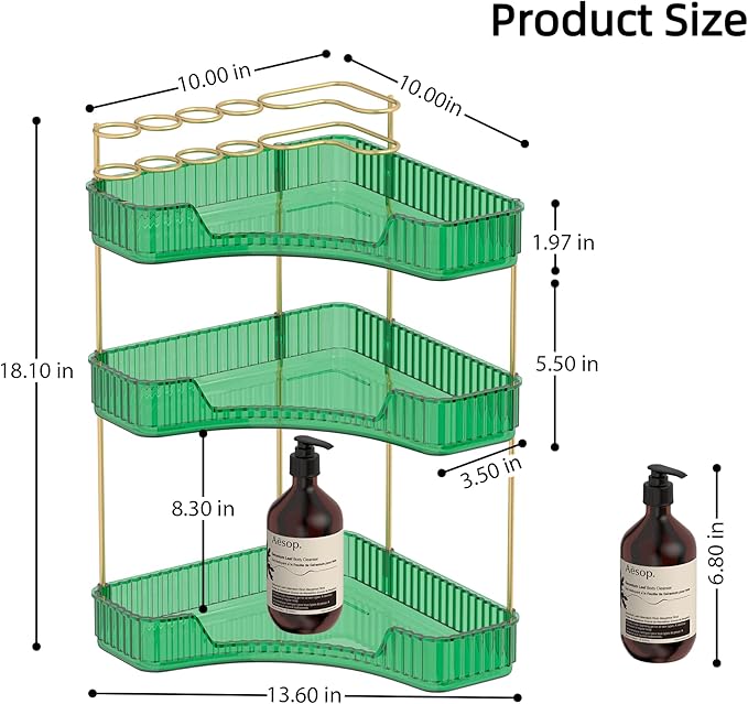 3 Tier Corner Bathroom Organizer Countertop, Vanity Makeup Organizer with Brush Holder, Space-Saving Skincare Storage Corner Shelf for Bathroom, Dressing Table, Kitchen