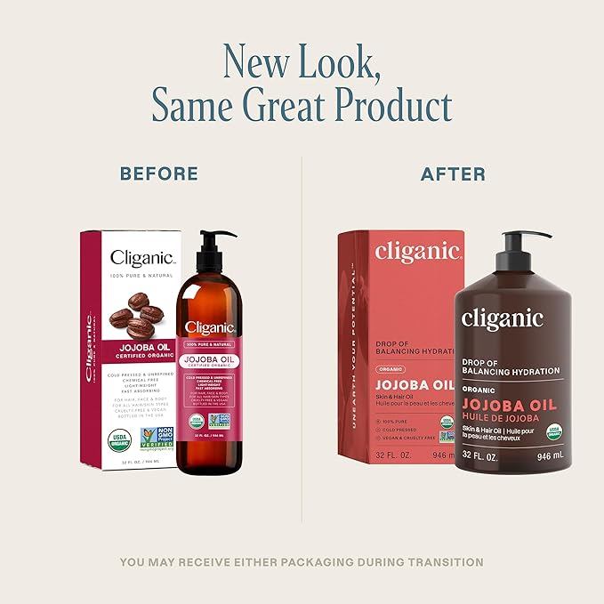 Cliganic Organic Jojoba Oil 32 oz, 100% Pure | Bulk, Natural Cold Pressed Unrefined Hexane Free Oil for Hair & Face