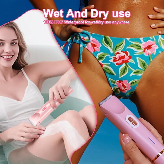 Electric Bikini Trimmer for Women, 2-in-1 Hair Shaver and Epilator, Waterproof Wet/Dry Lady Shaver（Pink）