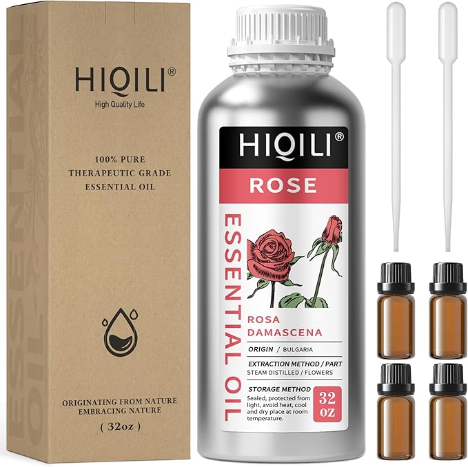 HIQILI 32 Fl Oz Rose Essential Oil, Huge Value Size Undiluted Rose Oil for Face, Skin, Diffuser, Hair