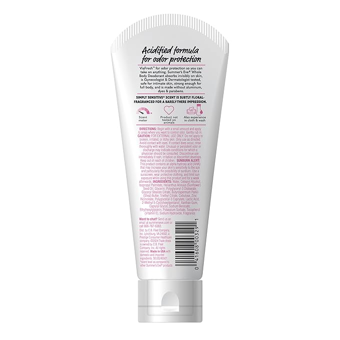 Summer's Eve, Whole Body Deodorant for Women, Ultimate Odor Control, Aluminum Free Deodorant, Simply Sensitive, 3 Fl Oz