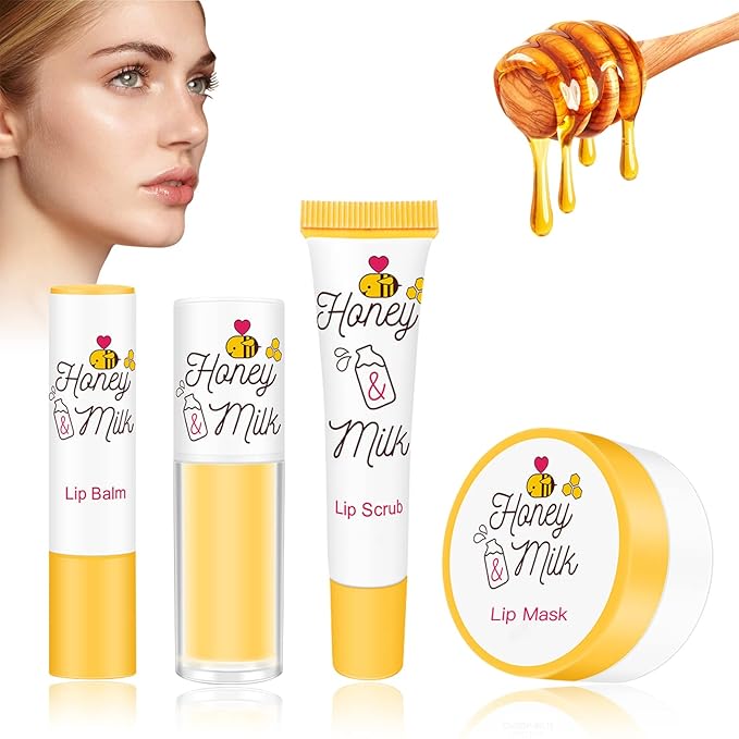 4 Piece Honey Milk Lip Mask Lip Balm Lip Scrub Lip Oil Lip Care Kit, Moisturizing & Nourishing Dry and Cracked Lips, Overnight Sleeping Lip Exfoliator Lip Moisturizer Lip Repair