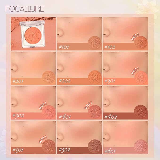 FOCALLURE Powder Palette Blush, Matte Mineral Blush Powder, Bright Shimmer Face Blush Makeup, Contour and Highlight Blush Palette, Highly Pigmented, Long Lasting, Waterproof, Blendable, #201