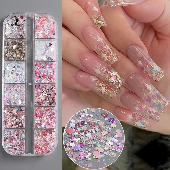 12 Grids Star Nail Art Glitter Sequins Heart Shaped Mermaid Nail Sequins Holographic Mermaid Nail Flakes Sticker Sequin Heart Nail Art Glitter for Women DIY Acrylic Nail Decoration