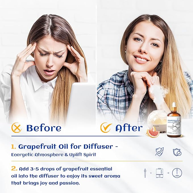 HIQILI 100 ml Grapefruit Essential Oil, for Diffuser, Skin Care, 100% Pure and Natural - 3.38 Fl Oz
