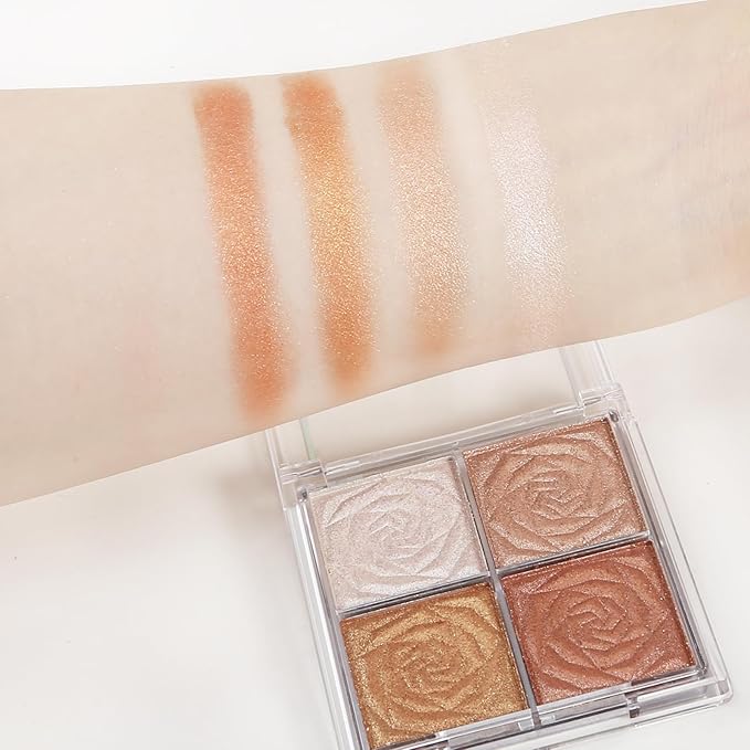 Boobeen Blush and Highlighter Palette- 4-color Metallic Shimmer Shadow Powder, Illuminator Makeup Set for Shading, Highlighting & Defining the Face