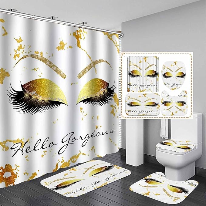 4PCS Hello Gorgeous Unicorn Eyelash Shower Curtain Set with Rugs, Luxury Diamond Gold Glitter Eyebrow Eyeshadow Makeup White Marble Glam Modern Fashion Women Bathroom Decor, Hello Gorgeous