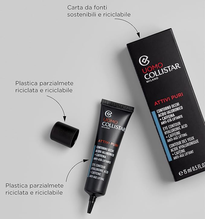 Collistar Uomo Attivi Puri Contorno Occhi Acido Ialuronico + Caffeina Anti-età Liftante, Eye Contour Hyaluronic Acid 15 ml, 0.5 Fl Oz Made in Italy [italian import]