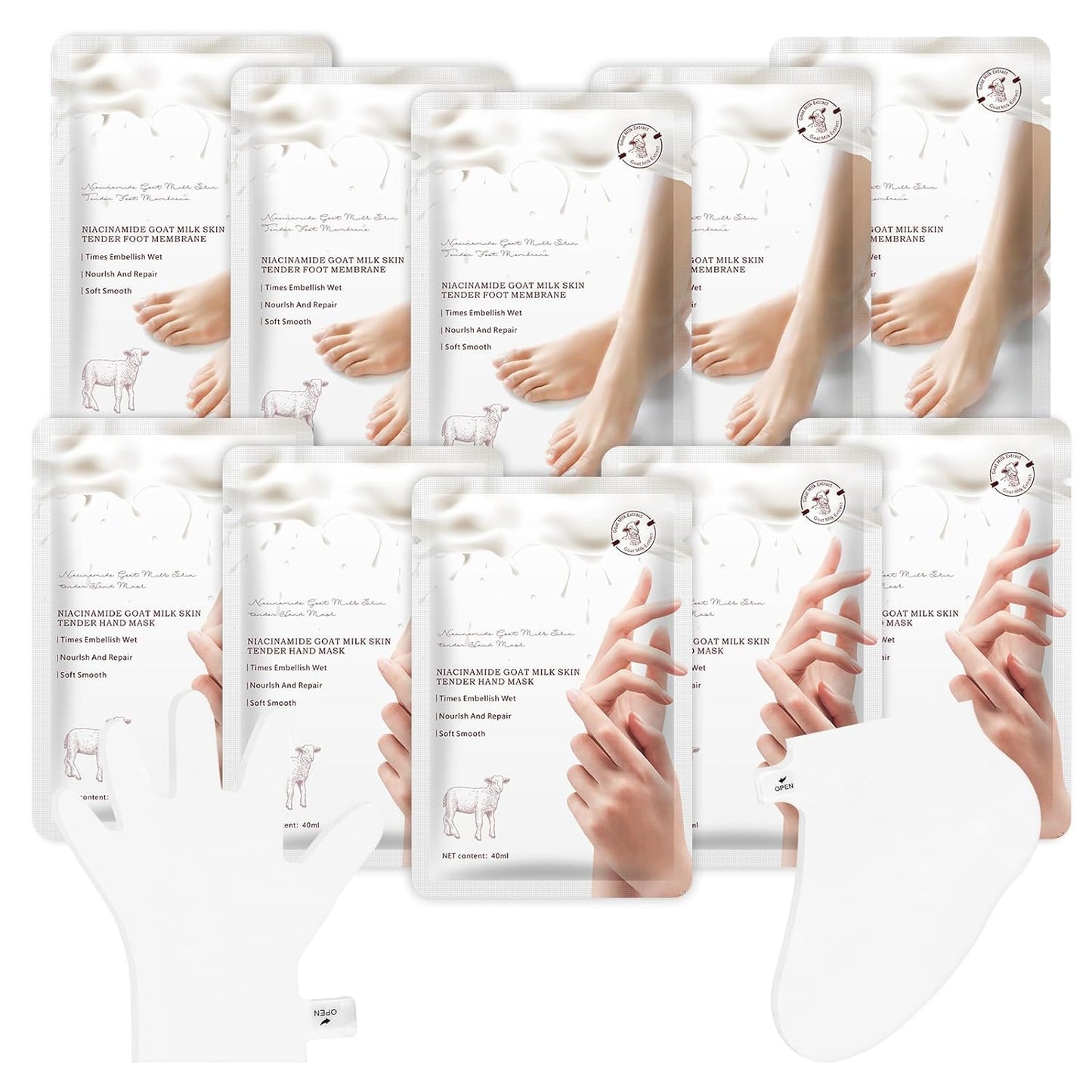 Hydrating Hand Foot Masks Set for Women Men,5 Pack Glove Mask for Dry Hand & 5 Pack Socks Mask for Dry Cracked Feet（Milk）