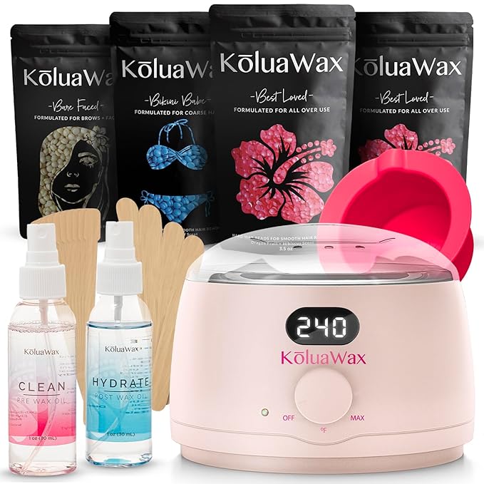 KoluaWax Premium Waxing Kit for Women - Hot Melt Wax Warmer for Hair Removal, Eyebrow, Bikini, Legs, Face, Brazilian & More - Machine + 4-Pack Hard Wax Beads + Accessories, Blush