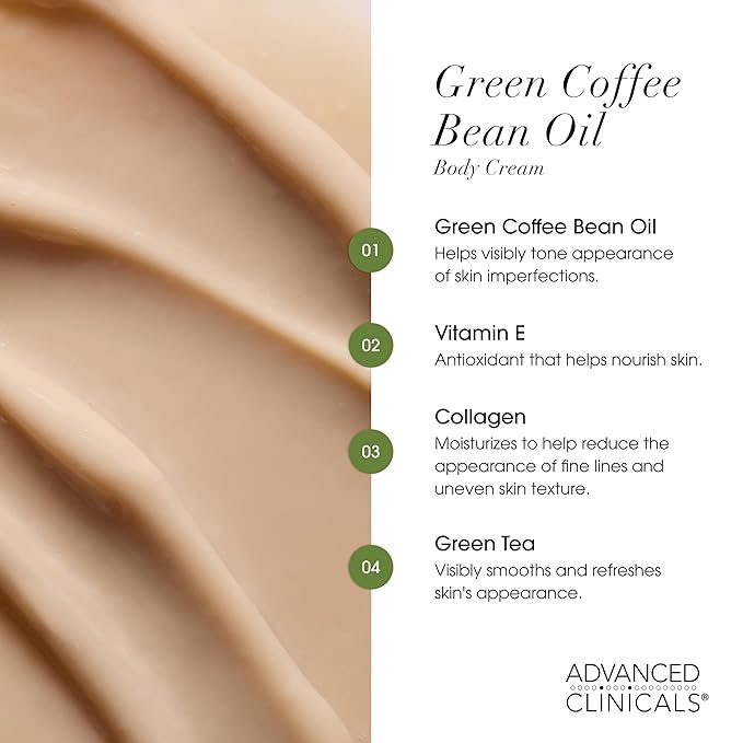 Advanced Clinicals Green Coffee Bean Thermo Firming Body Cream | Anti Cellulite Cream | Caffeine Body Lotion Moisturizer To Firm, Tighten, & Hydrate Look Of Legs, Arms, Tummy, Butt, & Thighs, 16 Oz